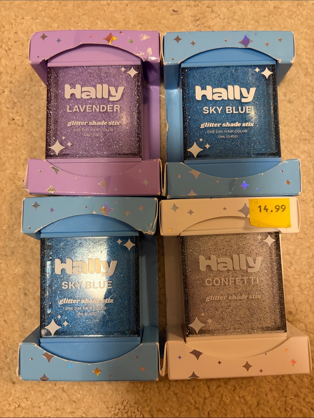 New in Box Hally Glitter Shade Stix Hair Color - Lavender, Sky Blue, Confetti